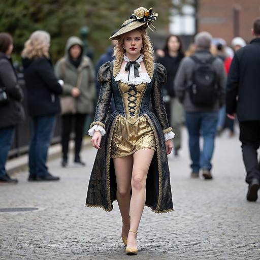 Photograph of a blonde woman in an elaborate black and gold Renaissance-inspired outfit, with a hat and corset, walking confidently on a cobblestone