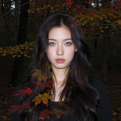 Photograph of a pale-skinned woman with long dark hair and blue eyes, surrounded by autumn leaves, standing in a dark forest.