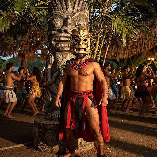 Photograph of a muscular, shirtless Native American dancer in a red loincloth and headdress, standing in front of a carved totem,