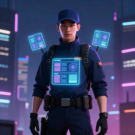 Non-Binary Courier in Neon Dystopia