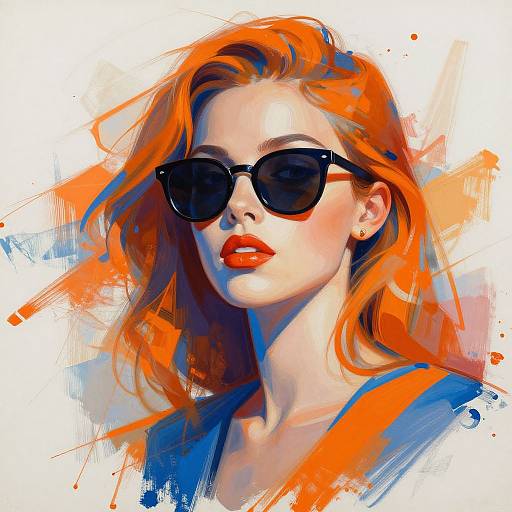 Digital portrait of a fair-skinned woman with vibrant orange hair, wearing black sunglasses and red lipstick, in a bold, abstract style.