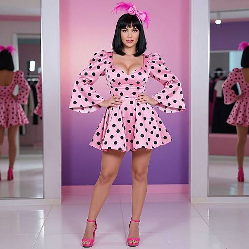 Photograph of a woman with black bob haircut, pink polka dot dress, pink heels, and pink feathered hat, standing confidently against a pink