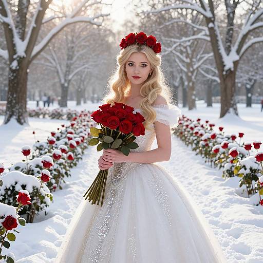 Photograph of a blonde woman in a white, sparkly off-shoulder wedding dress, holding a bouquet of red roses, wearing a red rose