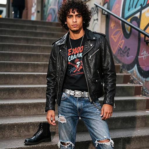Photograph of a curly-haired, tan-skinned man in a black leather jacket, torn jeans, and 