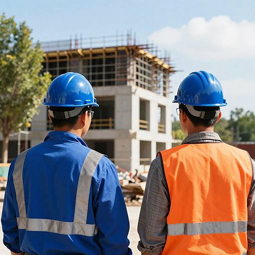 Photograph of two male construction workers in blue helmets and high-visibility vests, facing a partially constructed building with scaffolding.