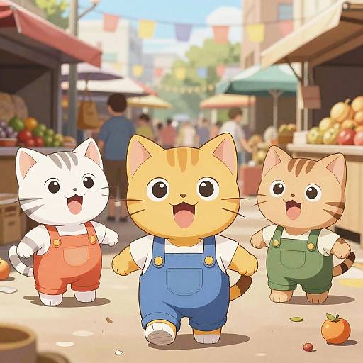 Digital illustration of three cute, chibi-style cats in overalls walking happily in a sunny, bustling market street with colorful stalls.