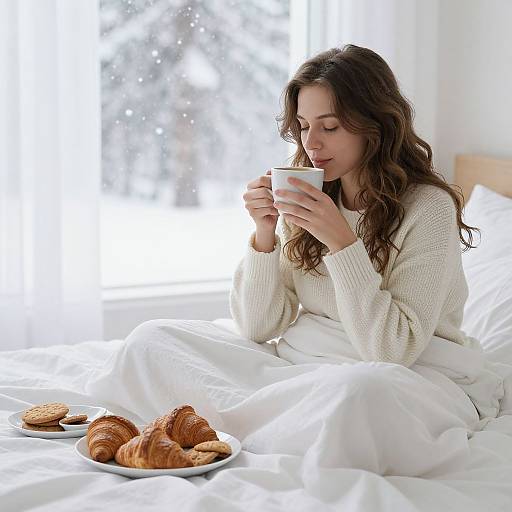 Photograph of a young woman with wavy brown hair, in a white sweater, sipping coffee, sitting in bed with white sheets, surrounded by