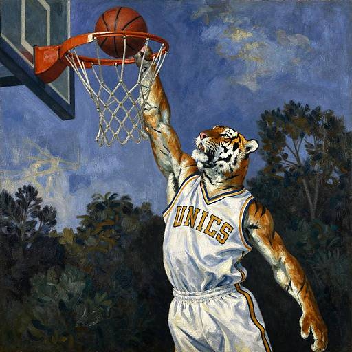 Tiger Dunking Basketball in Cezanne Style