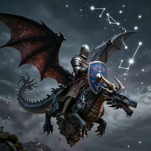 Digital artwork of a knight in armor riding a black dragon, holding a shield with a blue star pattern, under a starry night sky with a constellation