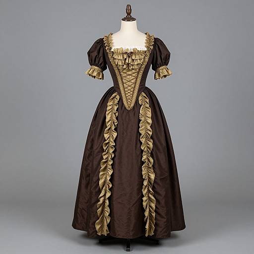 Victorian-era black dress with gold lace detailing, puffed sleeves, corseted bodice, and ruffled sides, displayed on a manne