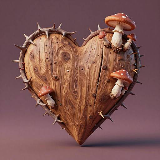 Realistic Wood Heart with Thorns and Mushrooms