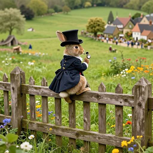 Photograph of a whimsical rabbit in a black top hat and Victorian coat, sitting on a wooden fence in a vibrant, flower-filled meadow with