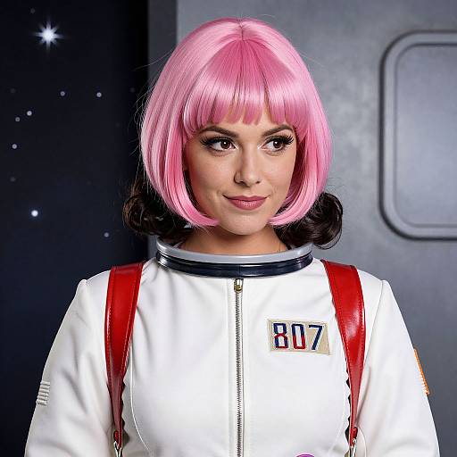 Photograph of a woman with pink bob wig, black roots, white space uniform with red straps, 
