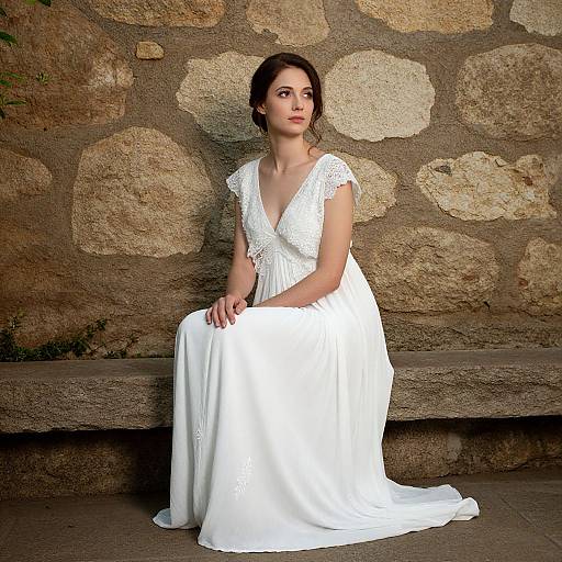 Photograph of a fair-skinned woman with dark brown hair in a white, lace-trimmed, V-neck wedding dress, sitting on a stone