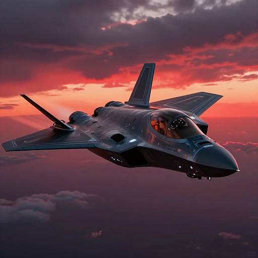 Digital artwork of a sleek, dark-gray fighter jet soaring through a dramatic, sunset sky with vibrant red and purple clouds.