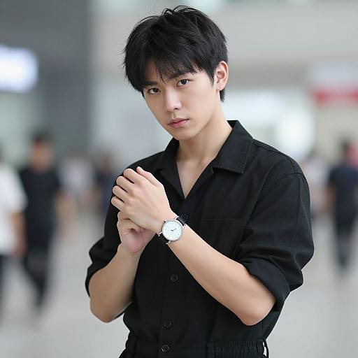 Photograph of an Asian man with short black hair, wearing a black button-up shirt, white wristwatch, standing with hands clasped, blurred indoor