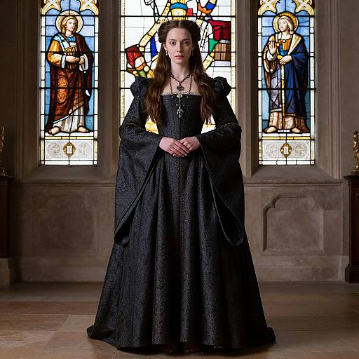 Photograph of a young woman with long brown hair in a black, intricately patterned Renaissance-style dress, standing in front of vibrant stained glass windows