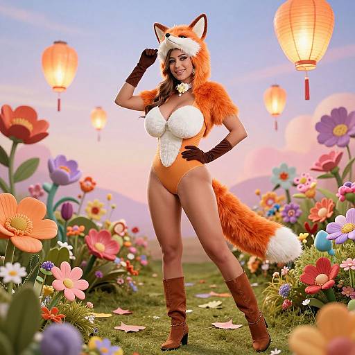 Photograph of a smiling woman in a fox-themed costume with furry ears, white bust, orange bodysuit, gloves, and boots, standing in
