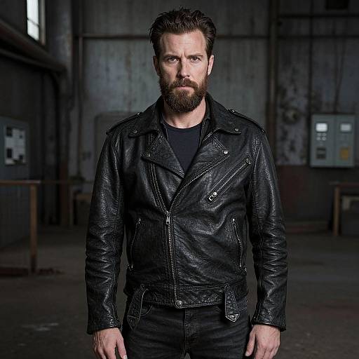 Photograph of a bearded, muscular white man with dark hair, wearing a black leather jacket and black shirt, standing in a dimly lit,