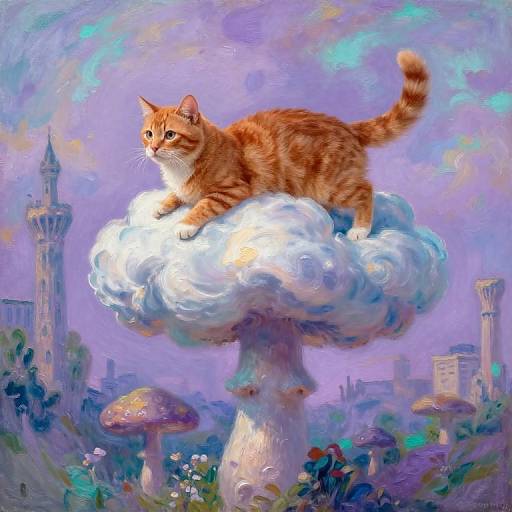 Digital painting of an orange tabby cat perched on a fluffy cloud, overlooking a whimsical, purple-hued fantasy landscape with mushrooms and towers.