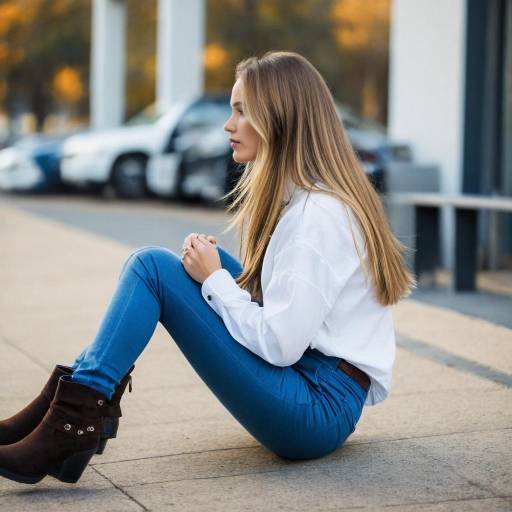 Blonde Woman Sitting Outdoors in White Shirt and Blue Jeans