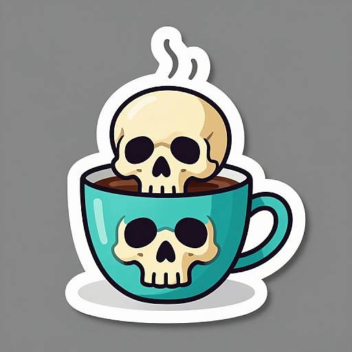 Digital illustration of a turquoise cup with a skull design, containing a smaller skull with steam rising, on a gray background.