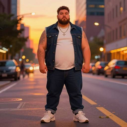 Photograph of a muscular, bearded man with tattoos, wearing a white t-shirt, denim vest, and pants, standing confidently on a city street