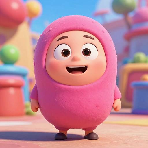 CGI cartoon character: chubby, pink, round, smiling, wearing a matching pink hooded suit, standing on a colorful, sunny playground.