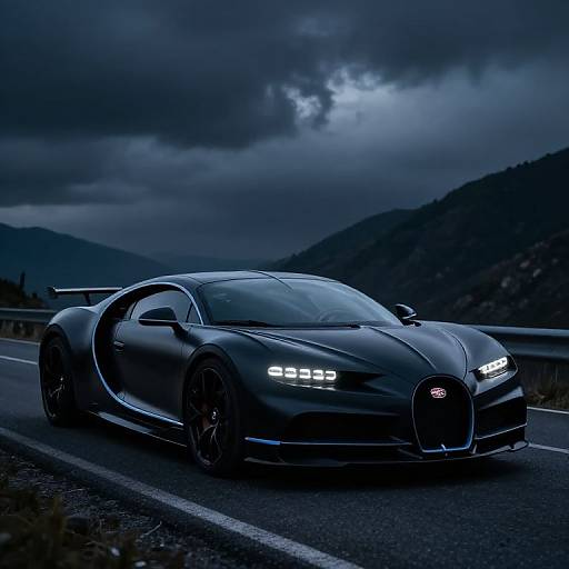 Photograph of a sleek, black Bugatti Chiron hypercar with glowing headlights driving on a winding mountain road under a dark, cloudy sky.