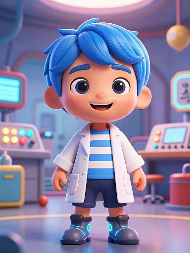 3D cartoon boy with blue hair, large eyes, wearing white lab coat, blue striped shirt, black shorts, and glowing boots, in futuristic lab