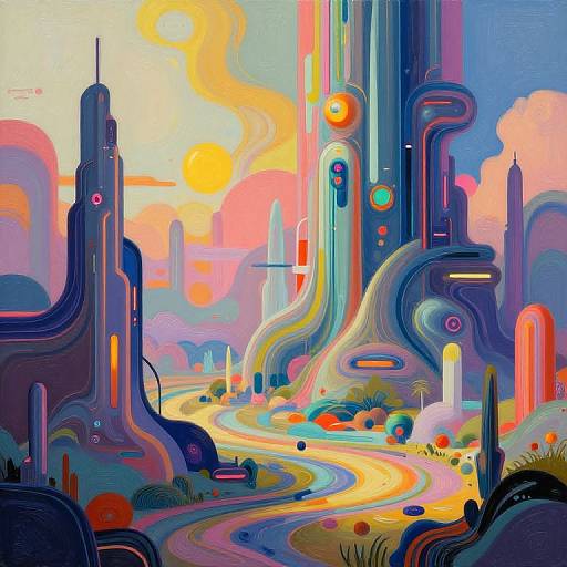 Vibrant digital artwork of a surreal futuristic landscape with colorful, abstract buildings, winding neon road, glowing orbs, and a bright sun.