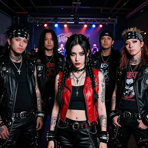 Photograph of a gothic punk band: pale-skinned female with black hair, red leather vest, tattoos, flanked by four tattooed male