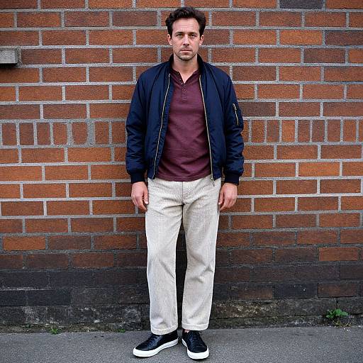 Photograph of a Caucasian man with short dark hair, wearing a black jacket, maroon shirt, beige pants, and black sneakers, standing against a