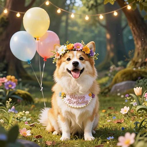 Photograph of a fluffy, tan and white corgi wearing a flower crown and 