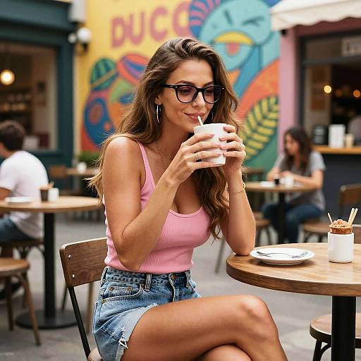 Photograph of a smiling, brown-haired woman with glasses, wearing a pink tank top and denim shorts, sipping coffee at an outdoor café with colorful