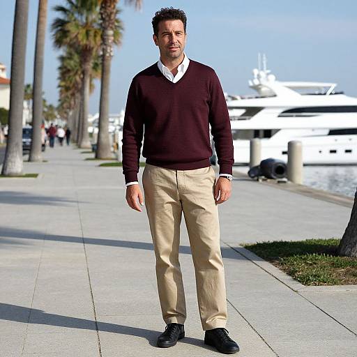 Photograph of a smiling, middle-aged man with short dark hair, wearing a black sweater, white shirt, beige pants, and black shoes, standing