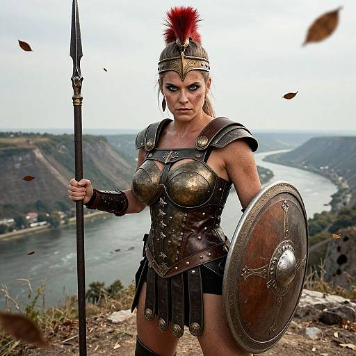 Photograph of a fierce, blonde warrior woman in ancient Greek armor with a red plume, holding a spear and shield, standing on a rocky hill