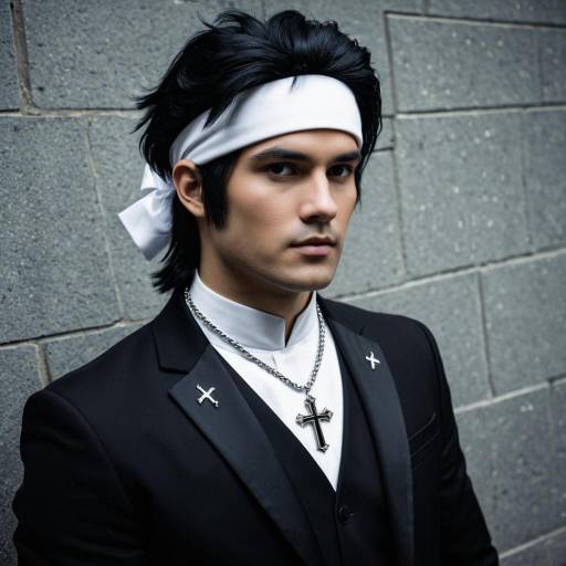 Cosplayer in Black Formal Suit with White Headband