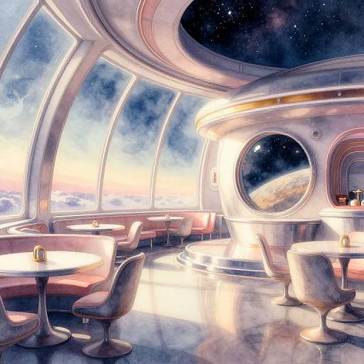 Digital painting of a futuristic spaceship café with curved, illuminated windows showing a starry sky and distant planet, featuring sleek, circular tables and chairs.