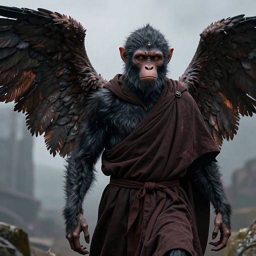 Digital artwork of a black-furred, winged ape in a dark brown toga, standing against a misty, ancient cityscape background.