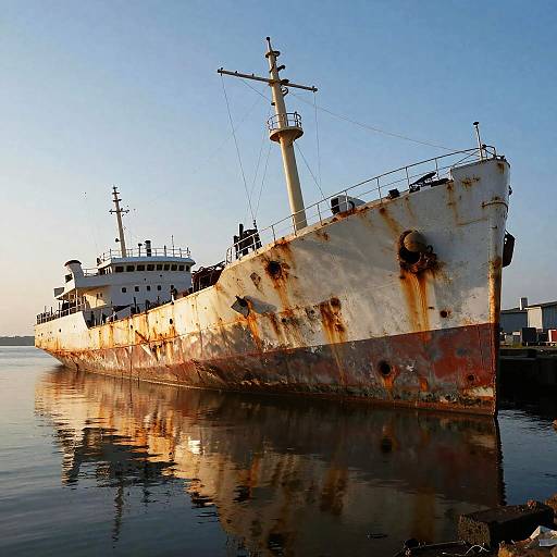 Photograph of a rusted, abandoned ship with peeling paint, anchored in calm water at sunset, reflecting its weathered hull and mast.