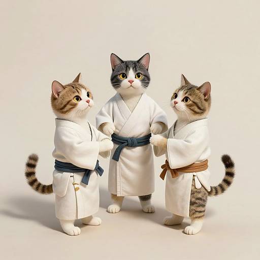 Photograph of three anthropomorphic cats in white karate gis with blue, brown, and no belts, standing and facing each other.