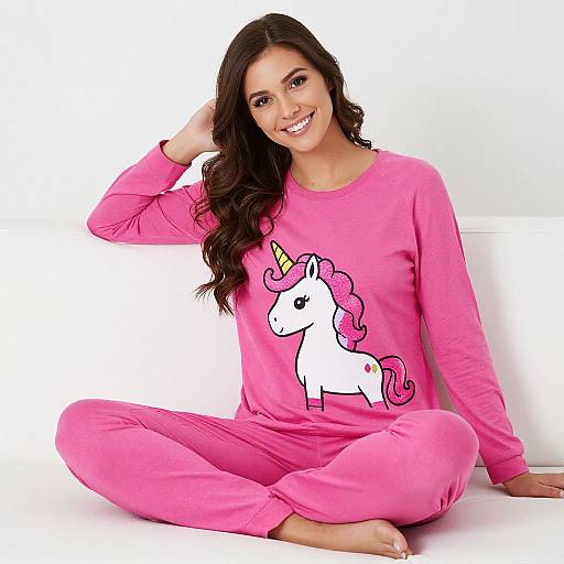 Photograph of a smiling woman with long dark hair, wearing a pink long-sleeve shirt and pants with a white unicorn graphic, sitting cross-legged