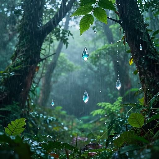 Photograph of a misty forest scene with raindrops, large green leaves, and glowing blue water droplets suspended in the air.
