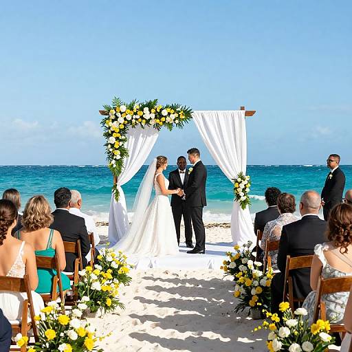 Photograph of an outdoor beach wedding with bride in white dress and groom in black tuxedo, exchanging vows under floral arch. Guests seated on wooden