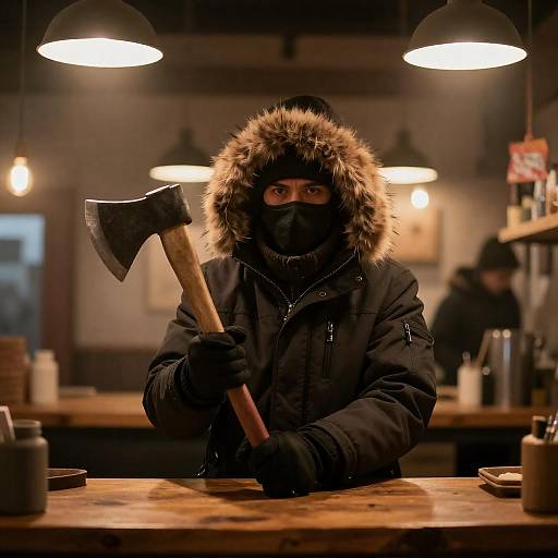 Mysterious Figure with an Axe Indoors