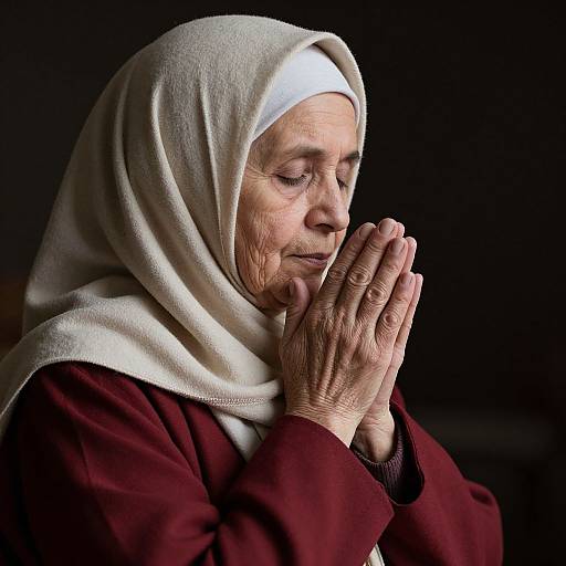 Photograph of an elderly woman with wrinkled skin, closed eyes, and white headscarf, praying with hands clasped in front of a dark