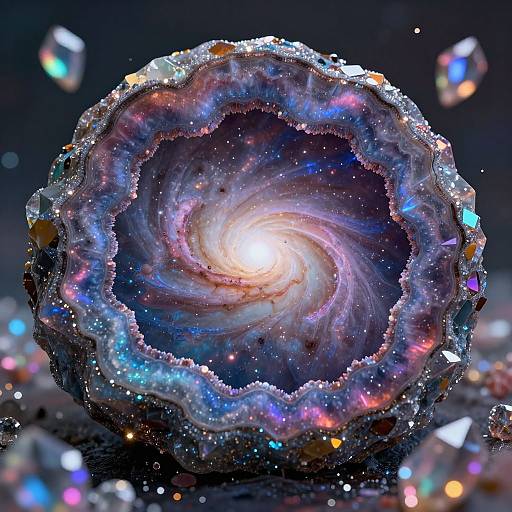 Digital artwork of a vibrant, glowing spiral galaxy with colorful nebulae, surrounded by sparkling, floating star-like particles in a dark space background.