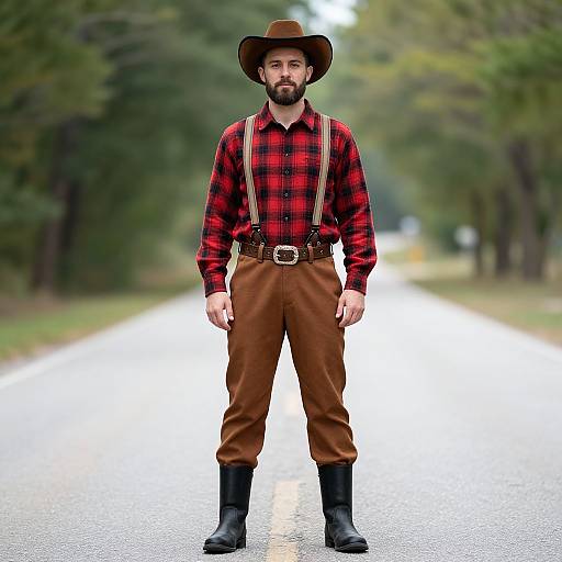 Photograph of a bearded man in a brown hat, red plaid shirt, brown pants, suspenders, and black boots, standing on a