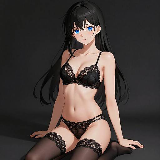 Anime Woman in Black Lace Lingerie